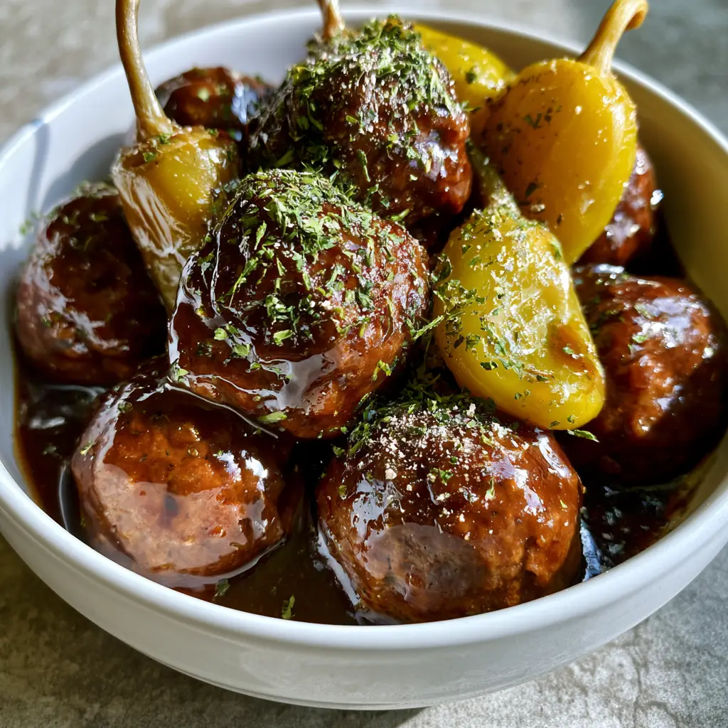 Mississippi Meatballs: The Ultimate Slow Cooker Comfort Food Guide 1 Handheld smartphone photo of Mississippi Meatballs in a bowl on a grey countertop, showing the soft simmered texture.