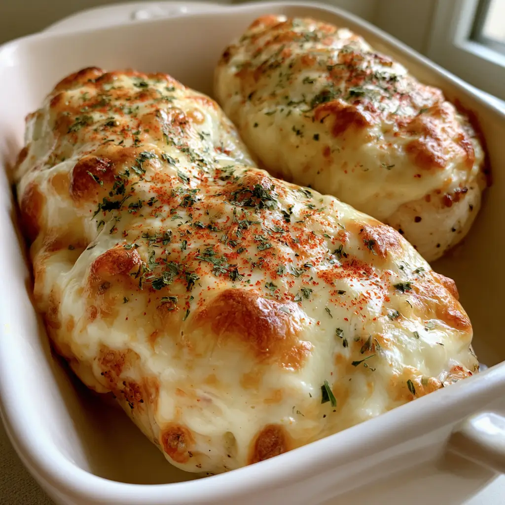 Mayonnaise Parmesan Chicken: The Juiciest 4-Ingredient Dinner 2 Handheld photo of two baked chicken breasts smothered in bubbly Mayonnaise Parmesan sauce.