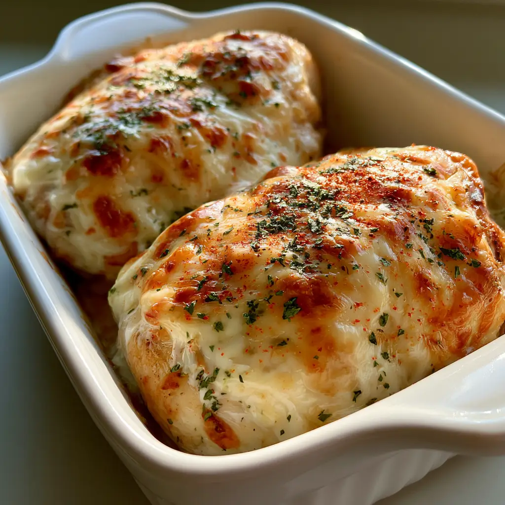 Mayonnaise Parmesan Chicken: The Juiciest 4-Ingredient Dinner 1 Close up of juicy chicken breast with a thick white parmesan and mayo topping garnished with parsley.