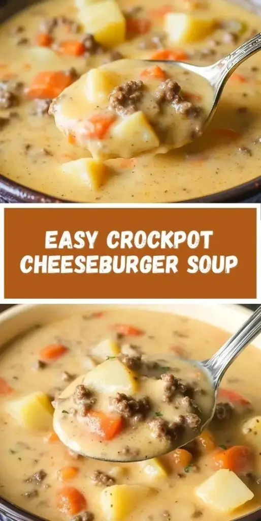 A Pinterest-style vertical graphic for Crockpot Cheeseburger Soup showing a creamy orange bowl topped with cheese and chives.