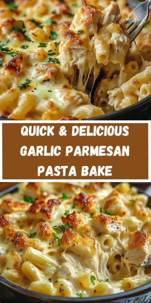 A close-up of Garlic Parmesan Pasta Bake in a white dish with melted blistered mozzarella and fresh parsley.