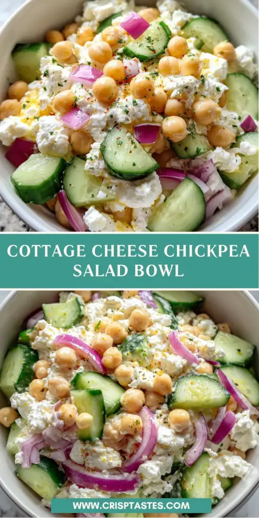 Cottage Cheese Chickpea Salad Bowl: The Ultimate High-Protein Lunch 3 A handheld smartphone photo of a Cottage Cheese Chickpea Salad Bowl with roasted chickpeas, cucumbers, and tomatoes in a ceramic bowl.