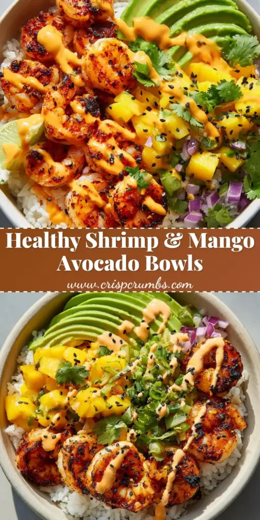 Grilled Shrimp and Avocado Bowls with Zesty Mango Salsa 4 A top-down view of Grilled Shrimp and Avocado Bowls featuring charred chili shrimp, mango salsa, and a lime drizzle in a black ceramic bowl.