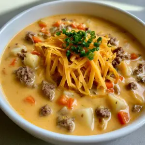 A white ceramic bowl of creamy Crockpot Cheeseburger Soup with ground beef, cubed potatoes, and orange carrots in a pale orange broth.