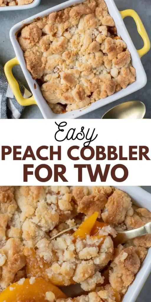 Peach Cobbler for Two: The Ultimate Small-Batch Rustic Dessert 3 A small white ceramic ramekin of Peach Cobbler for Two with a rustic golden-brown crust and bubbling orange syrup.