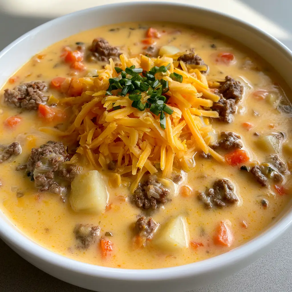 Overhead shot of Crockpot Cheeseburger Soup garnished with shredded cheddar cheese and green chives on a grey surface.