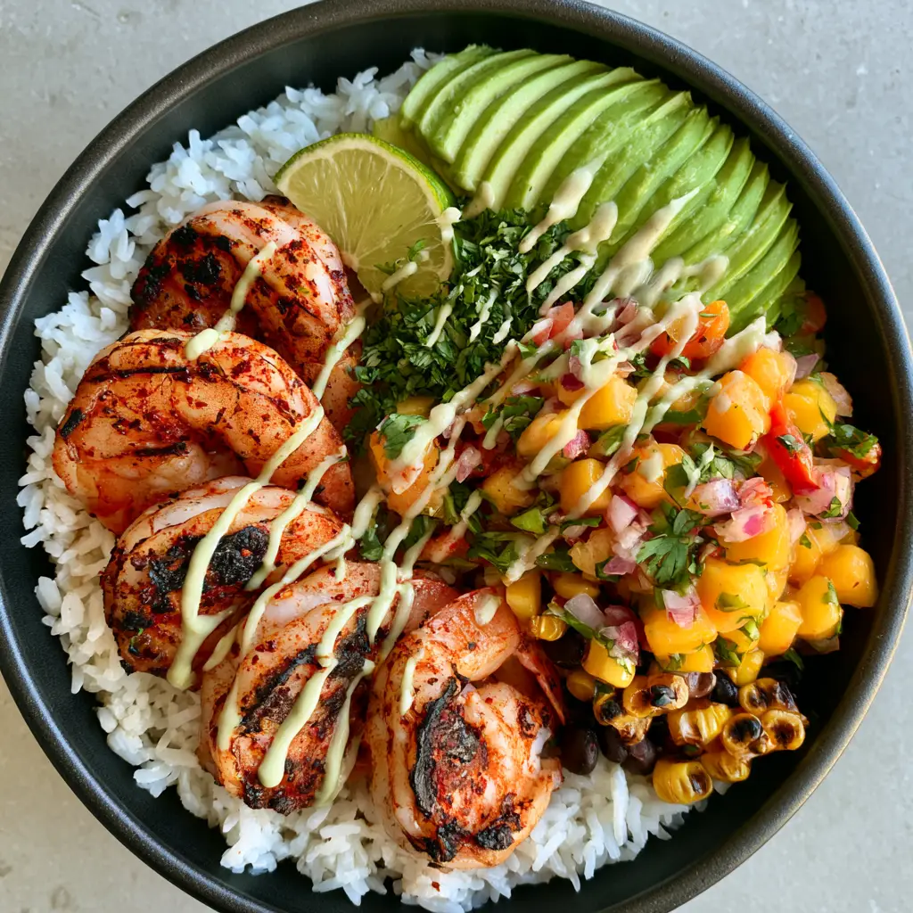 Grilled Shrimp and Avocado Bowls with Zesty Mango Salsa 2 Close up shot of Grilled Shrimp and Avocado Bowls showing the texture of charred shrimp and creamy lime sauce.