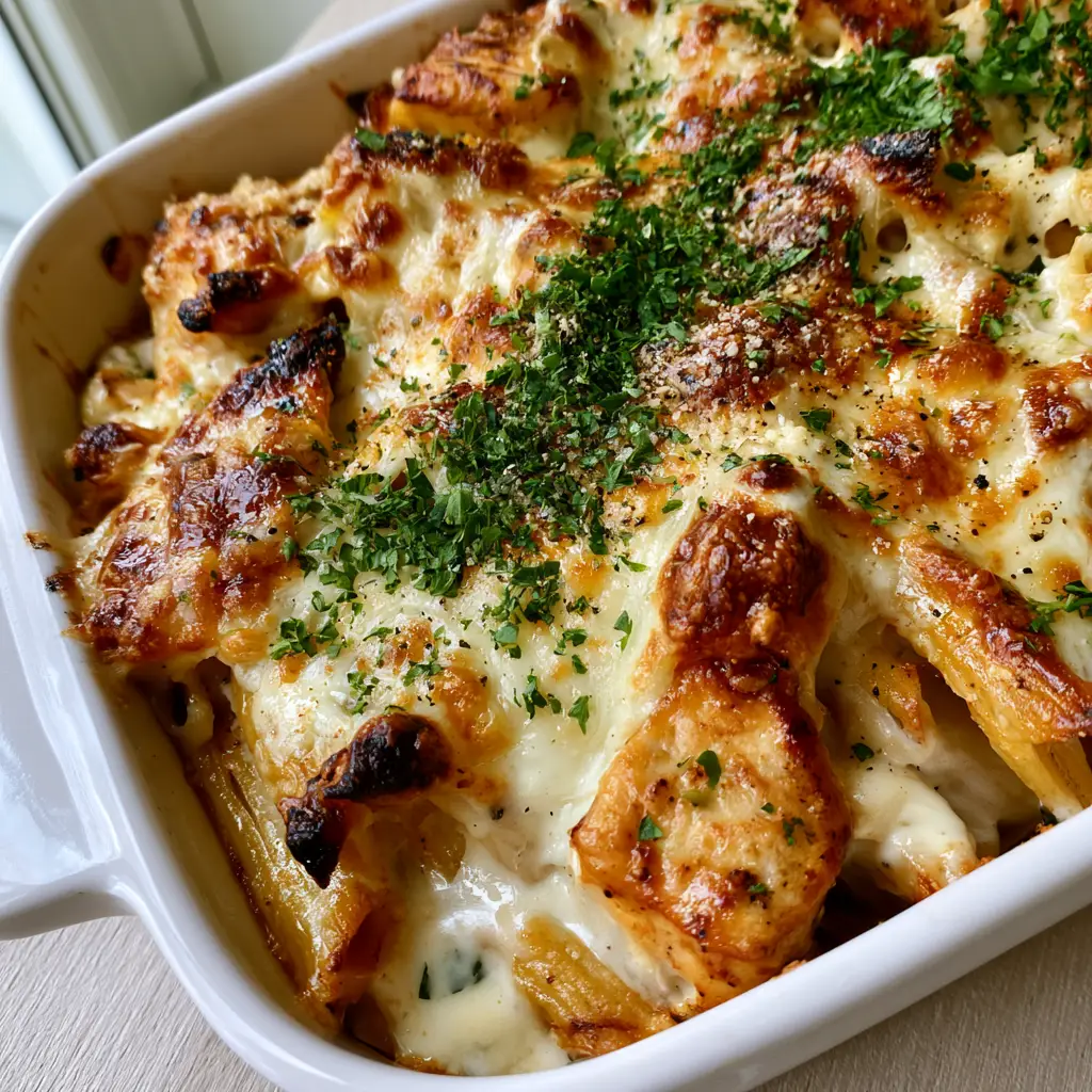 A top-down view of Garlic Parmesan Pasta Bake with charred cheese edges and vibrant parsley flakes.