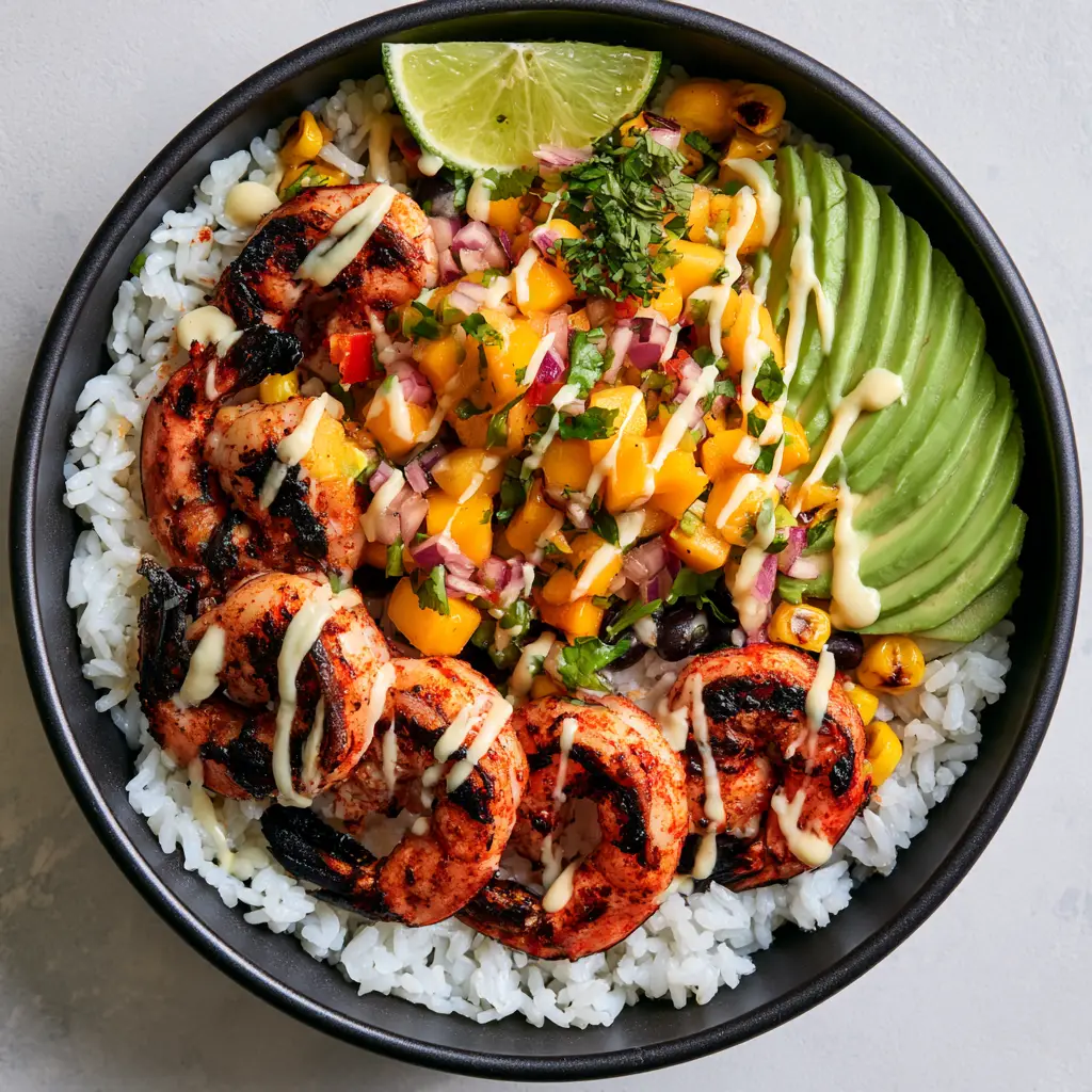 Grilled Shrimp and Avocado Bowls with Zesty Mango Salsa 1 Vibrant mango salsa and sliced avocado arranged in Grilled Shrimp and Avocado Bowls.