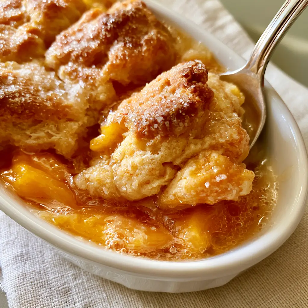 Peach Cobbler for Two: The Ultimate Small-Batch Rustic Dessert 1 Macro shot of the rustic golden-brown biscuit crust on the Peach Cobbler for Two.