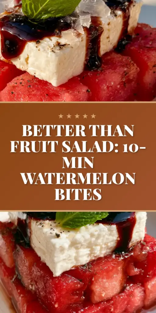 A close-up of gourmet watermelon canapes featuring ruby-red watermelon cubes topped with white feta squares and a dark balsamic drizzle.