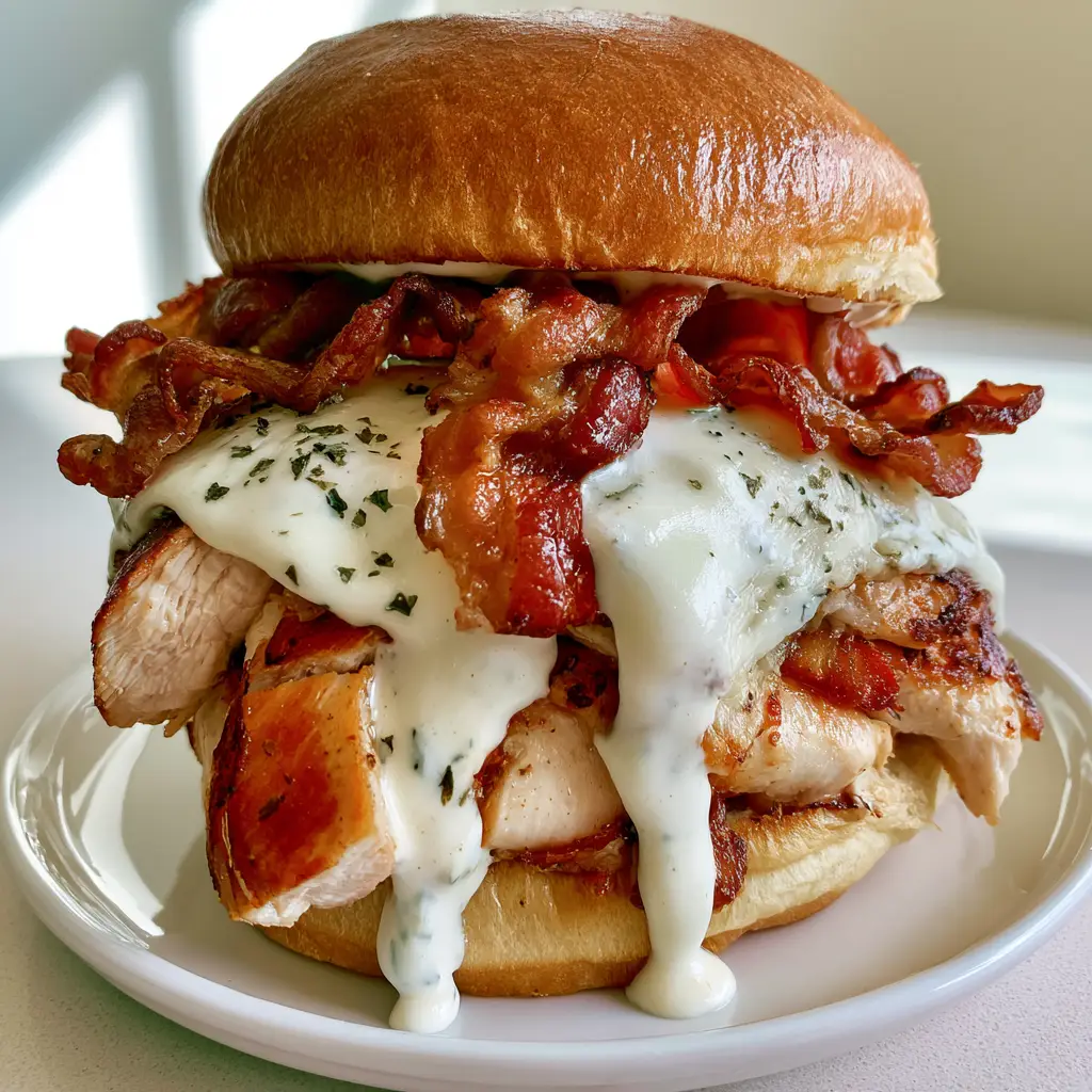 A loaded Chicken Bacon Ranch Sandwich on a white plate with heavy ranch dressing drizzle.