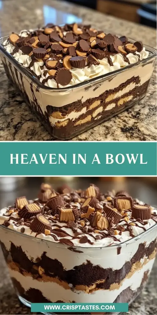 A tall glass trifle bowl displaying the layers of this Heaven In A Bowl Recipe, including graham cracker crust, peanut butter mousse, dark chocolate ganache, and whipped cream topped with candy.