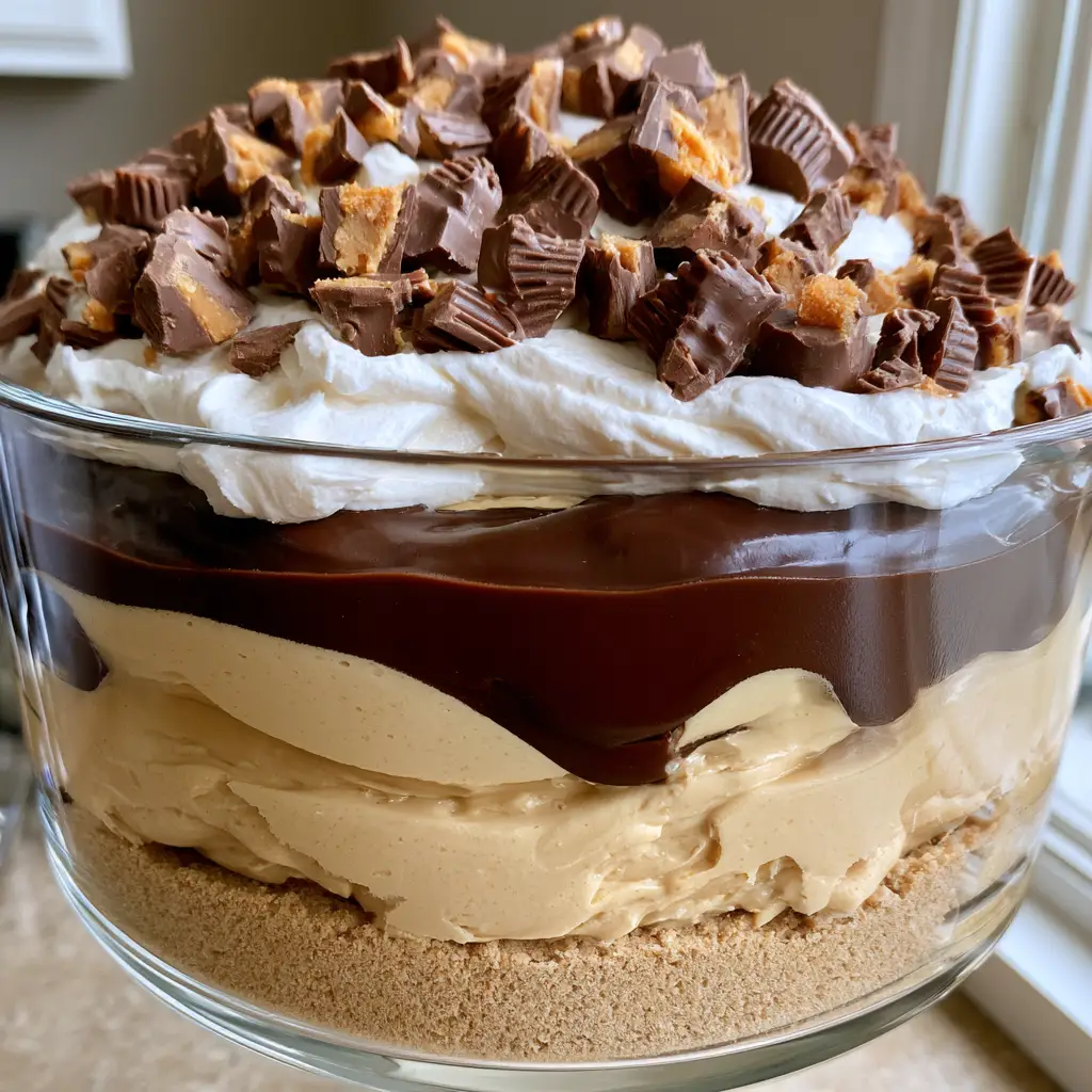 Close up of billowy white whipped cream garnished with roughly chopped milk chocolate peanut butter cups. (Heaven In A Bowl Recipe)