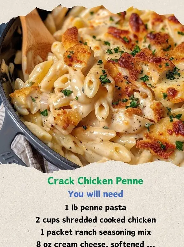 A tall Pinterest pin showing a close-up of Crack Chicken Penne Pasta with melted cheddar, bacon crumbles, and green scallions.