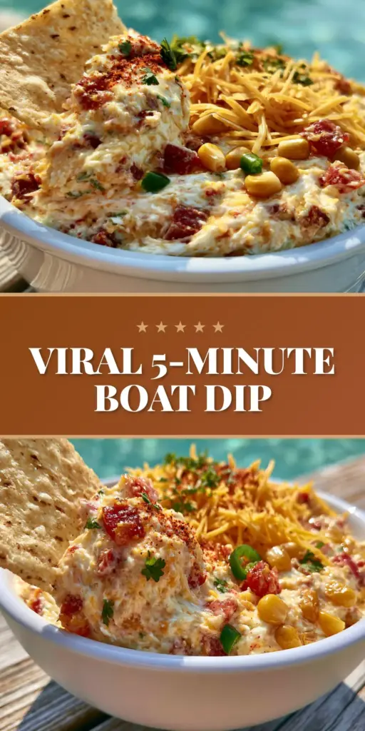 Boat Dip: The Ultimate Creamy Lake-Side Appetizer 4 A close-up of a white ceramic bowl filled with thick Boat dip, featuring a sour cream swirl, yellow corn, and red taco seasoning, sitting on a wooden dock with blue pool water background.