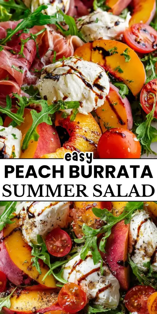 Peach Burrata Summer Salad with Prosciutto and Balsamic 4 Vertical Pinterest Pin showing a Peach Burrata Summer Salad in a white bowl with balsamic glaze zigzag and fresh basil.
