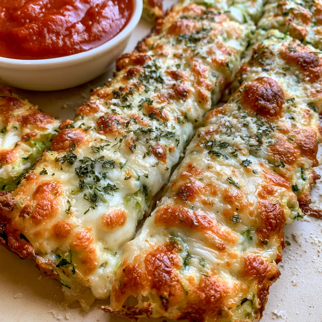 Cheesy Zucchini Breadsticks: The Ultimate Crispy Low-Carb Appetizer 2 A close-up handheld photo showing the dense texture and tiny green flecks of Cheesy Zucchini Breadsticks.