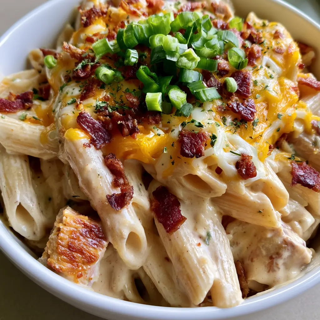Detailed shot of golden-brown seared chicken and crispy reddish-brown bacon crumbles in a bowl of Crack Chicken Penne Pasta.