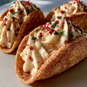 Close up of golden-brown cinnamon sugar shells of Christmas Cheesecake Tacos filled with ivory cream.