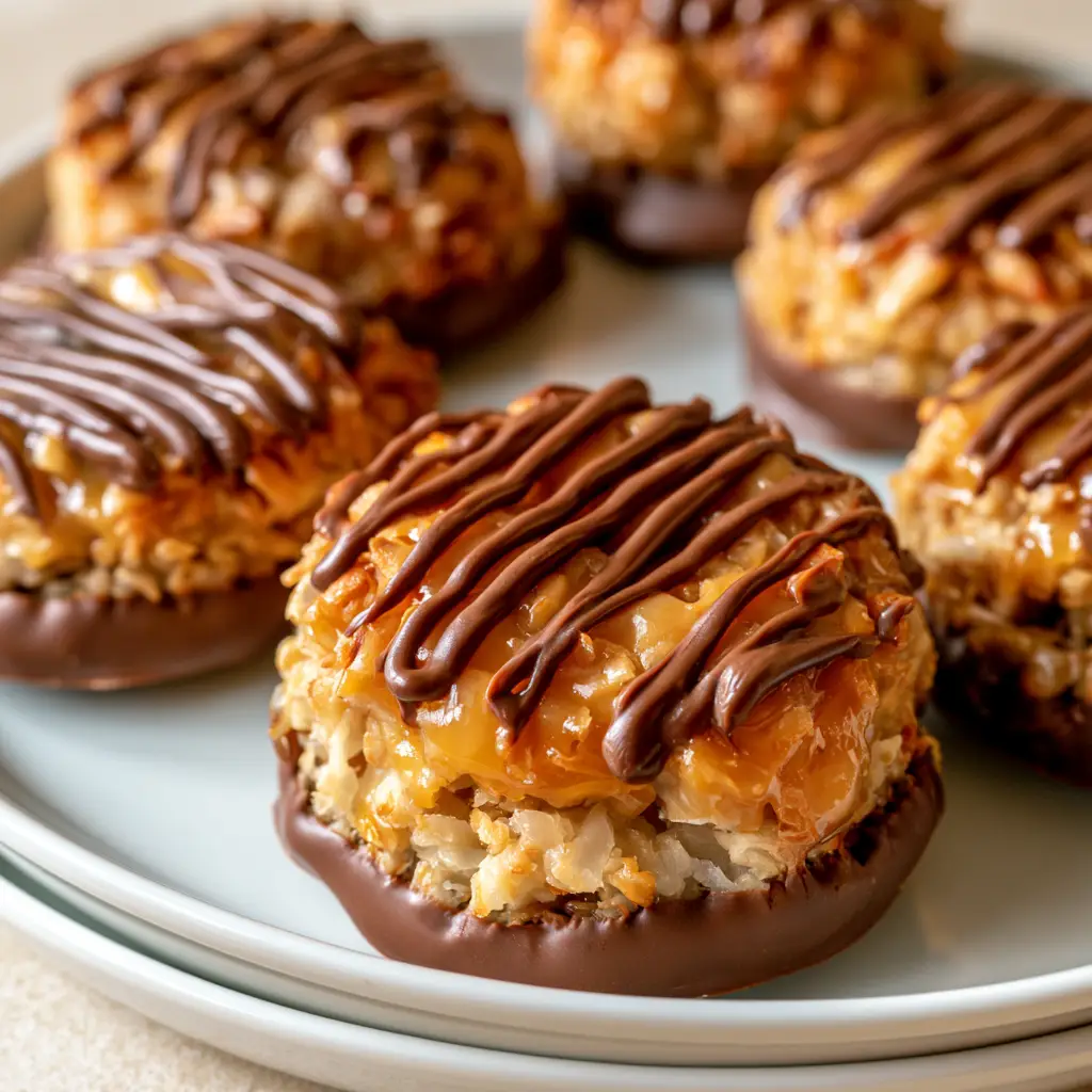 Detailed view of the dark chocolate zig-zag drizzle on No-Bake Samoa Cookies.