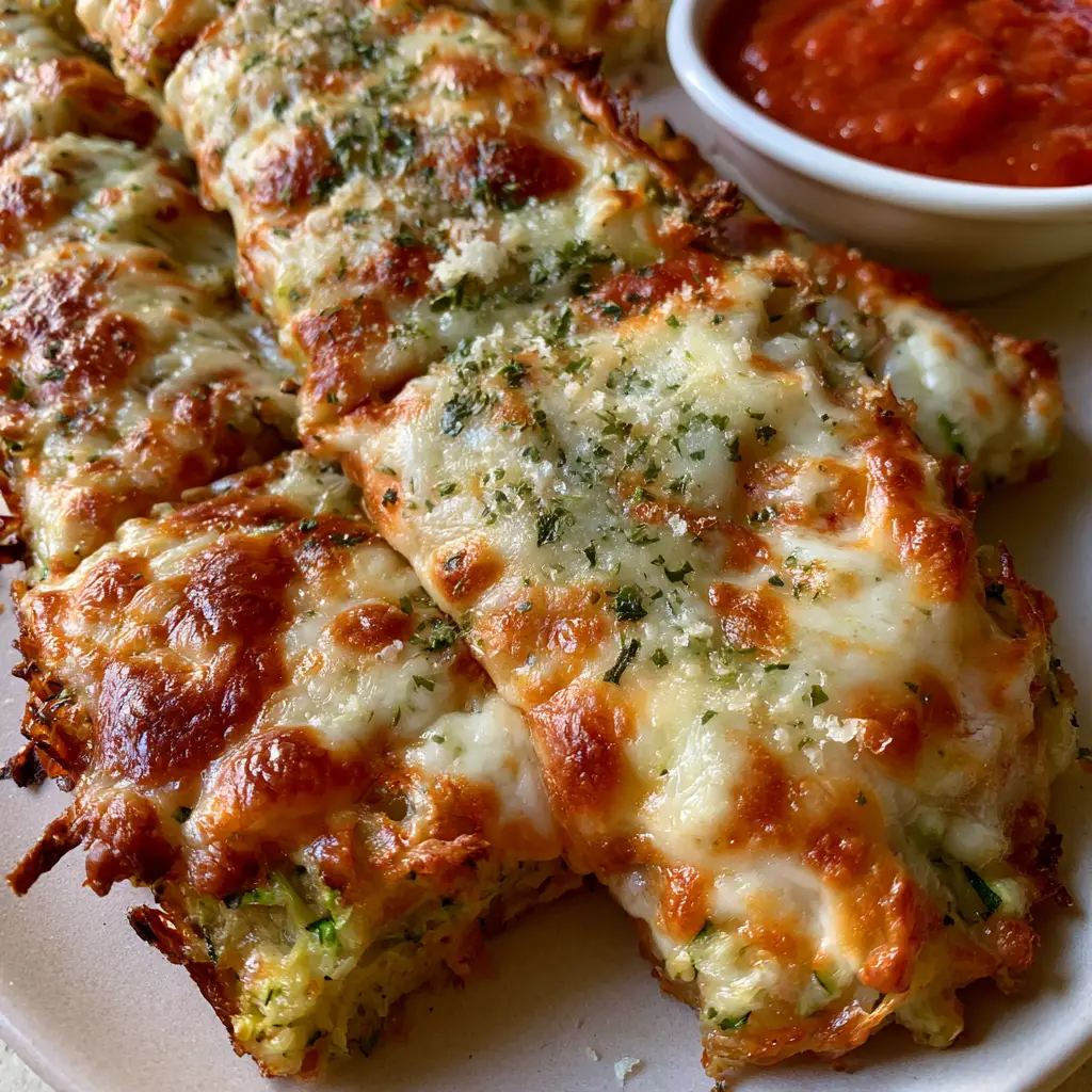 Cheesy Zucchini Breadsticks: The Ultimate Crispy Low-Carb Appetizer 1 A top-down view of toasted mozzarella cheese with golden-brown spots on zucchini breadsticks.