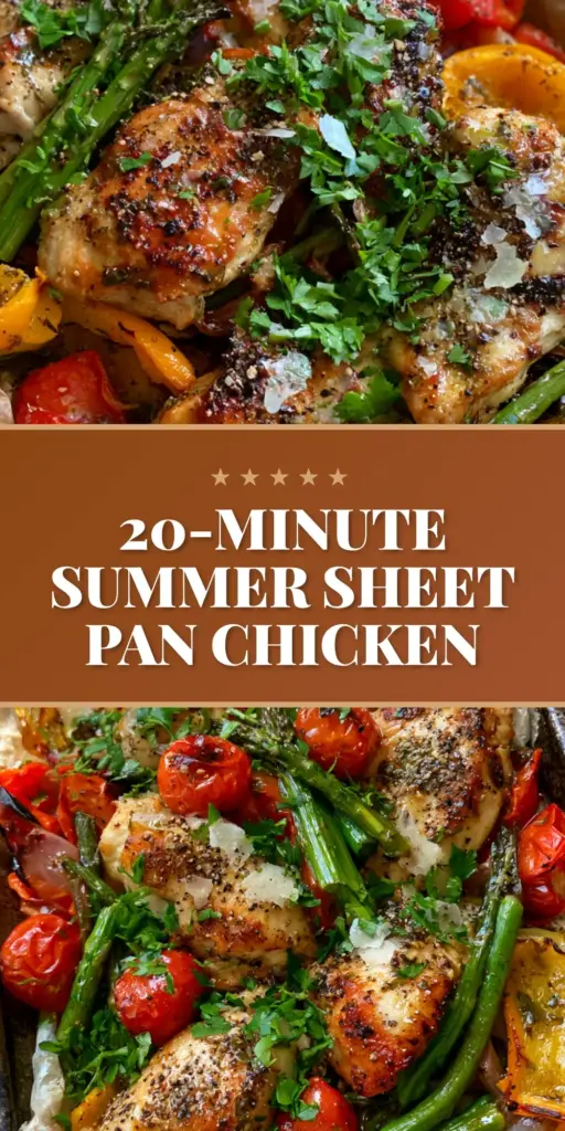 A rustic dark metal sheet pan filled with seared chicken medallions, blistered cherry tomatoes, roasted asparagus, and caramelized yellow peppers. (summer chicken recipes)