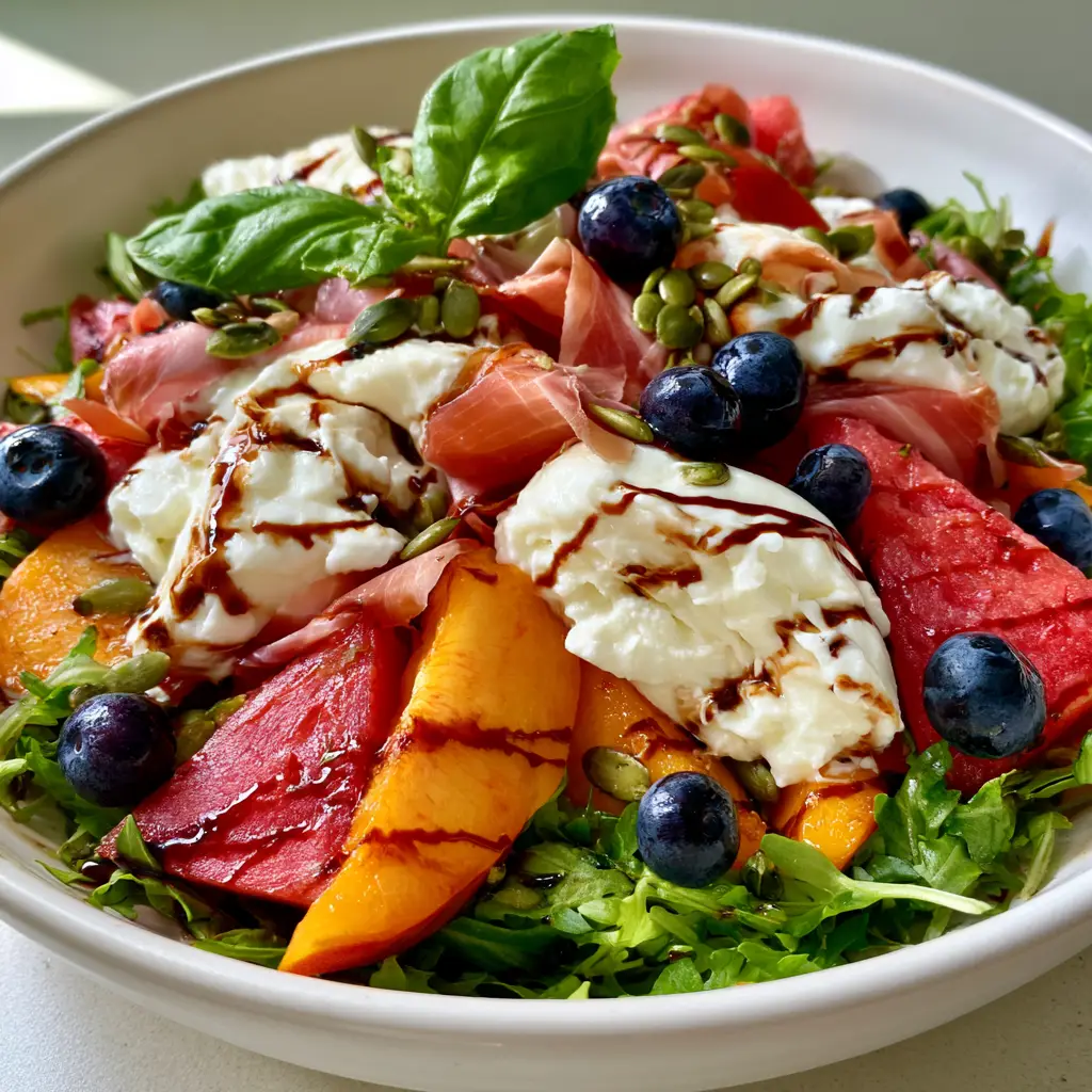 Peach Burrata Summer Salad with Prosciutto and Balsamic 2 Close up handheld smartphone photo of Peach Burrata Summer Salad featuring peaches, watermelon, and creamy torn burrata.