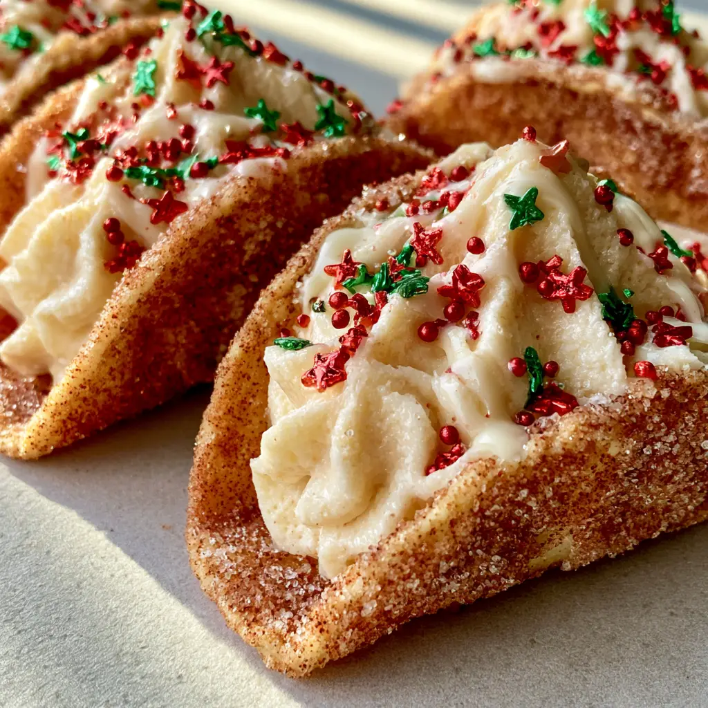 Christmas Cheesecake Tacos: The Ultimate Festive Dessert for Holiday Parties 1 Three Christmas Cheesecake Tacos garnished with red and green metallic stars and white chocolate drizzle.