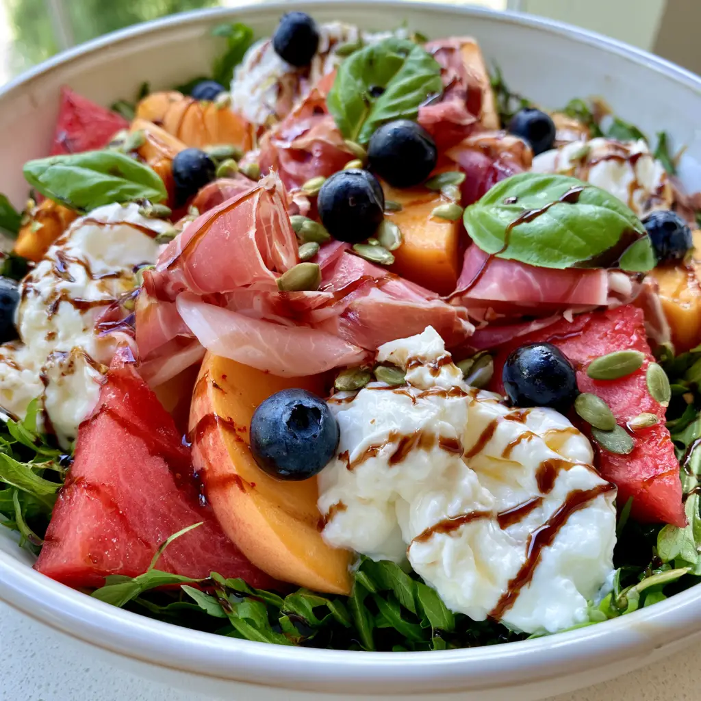 Peach Burrata Summer Salad with Prosciutto and Balsamic 1 Top down view of Peach Burrata Summer Salad with prosciutto ribbons and balsamic glaze drizzle.