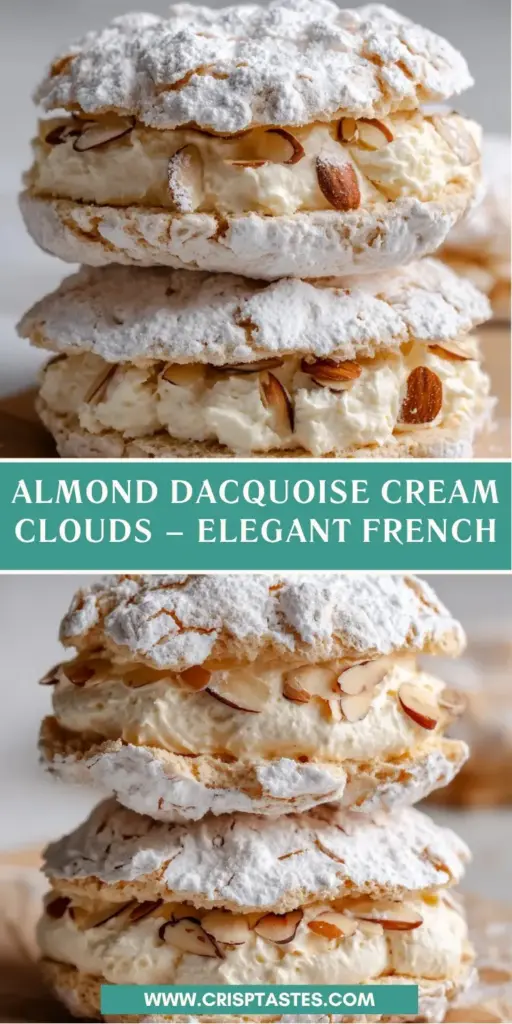 French Almond Dacquoise Cookies: The Ultimate Crispy and Fluffy Sandwich Cookie 3 Three golden-brown French Almond Dacquoise Cookies stacked on a blue and white vintage floral plate, showing a thick white almond cream filling.