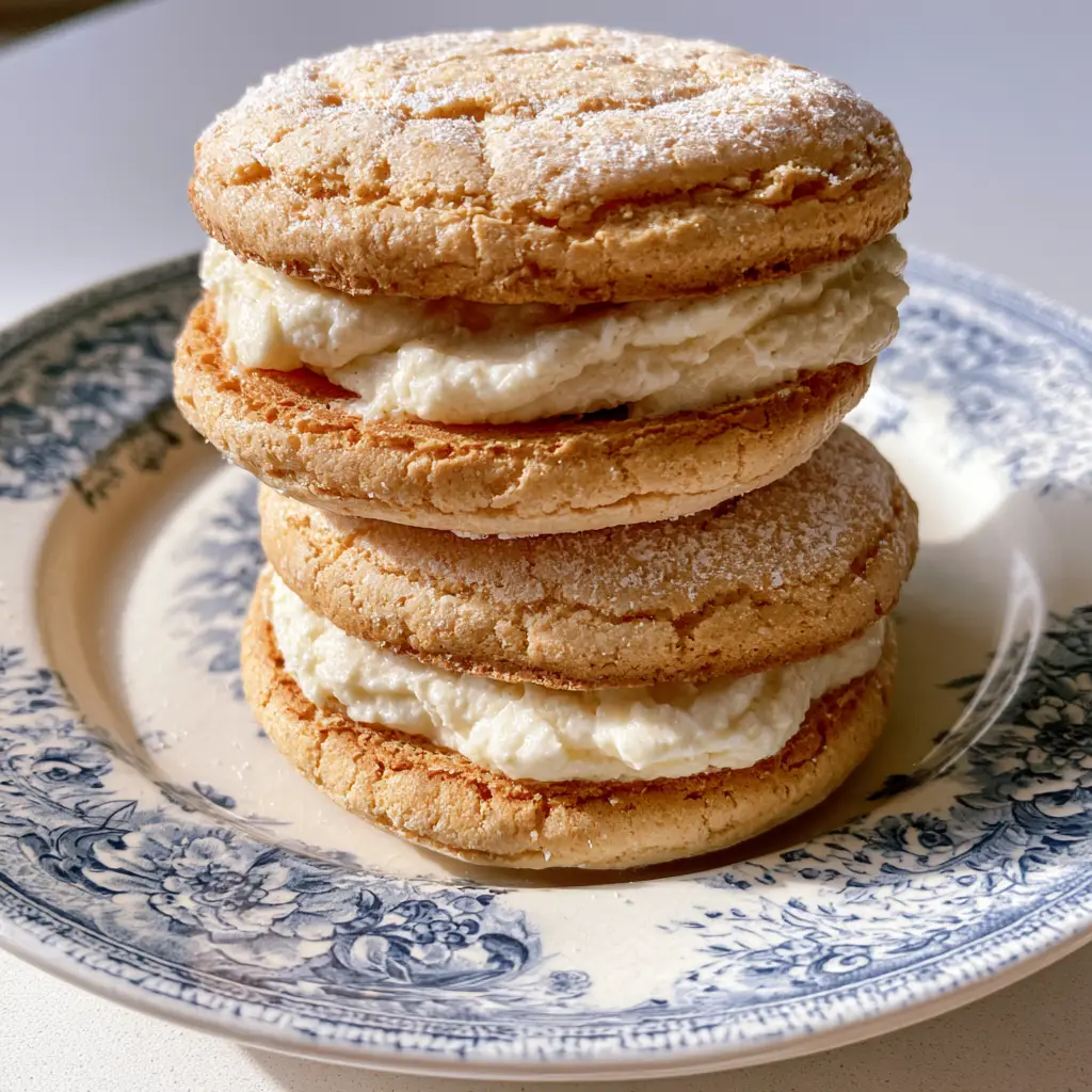French Almond Dacquoise Cookies: The Ultimate Crispy and Fluffy Sandwich Cookie 1 Close up of the smooth white almond cream filling inside a French Almond Dacquoise Cookie sandwich.
