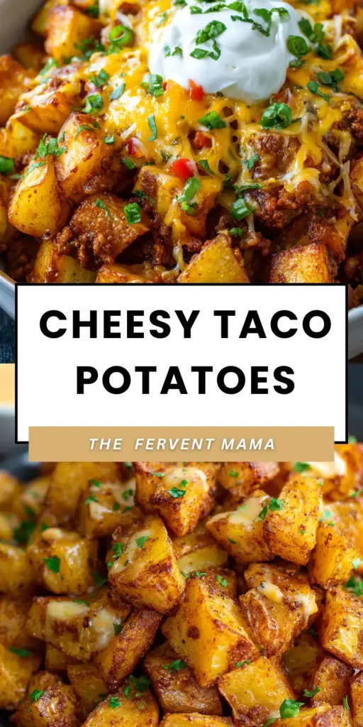 A smartphone photo of a cast iron skillet containing Cheesy Taco Potatoes with crispy edges, melted orange cheddar, and dollops of sour cream.