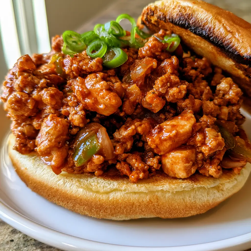 Cajun Chicken Sloppy Joes: The Ultimate Easy Weeknight Dinner 1 Top-down view of a Cajun Chicken Sloppy Joe on a white plate with charred bun edges and fresh scallion garnish.