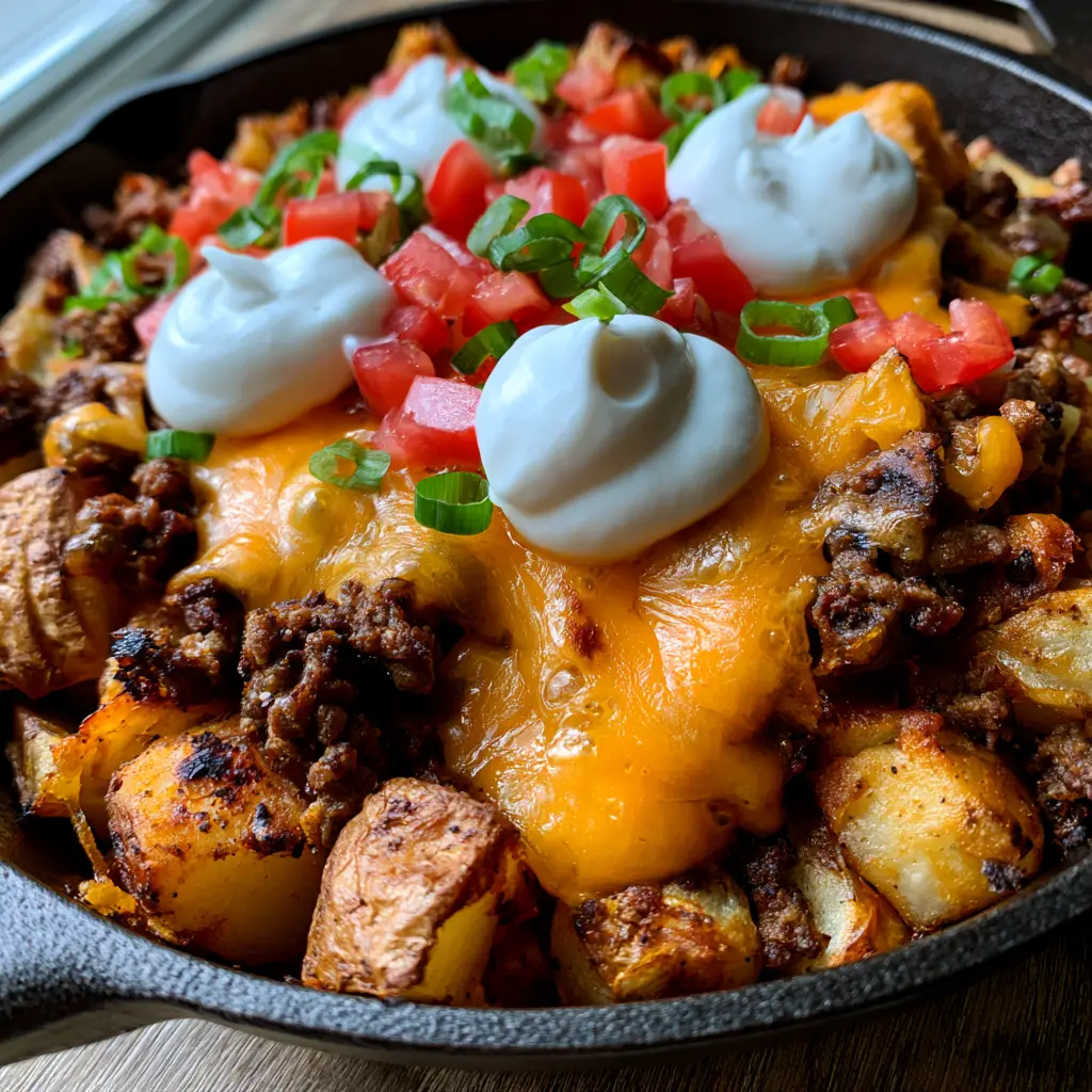 Close-up of melted cheddar cheese bubbling over savory ground beef and potatoes in a skillet.