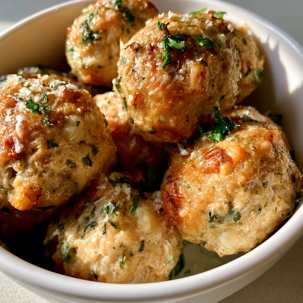Baked Chicken Ricotta Meatballs: Extra Juicy and Golden Brown 2 Close-up of rustic Baked Chicken Ricotta Meatballs with melted parmesan and green herbs.