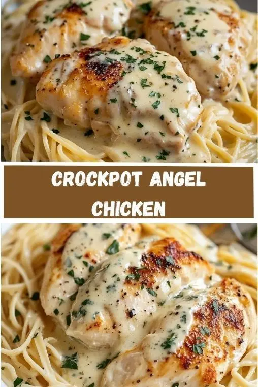 A deep white bowl of Crockpot Angel Chicken served over a swirl of angel hair pasta, topped with thick white cream sauce, mushrooms, dried herbs, and black pepper.