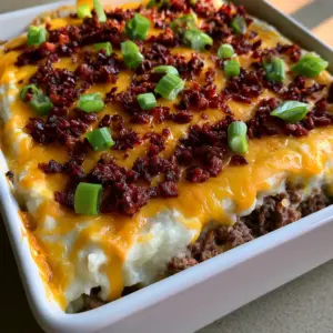 Close-up of bubbling melted sharp yellow cheddar cheese on top of a Cheesy Meatloaf Casserole.