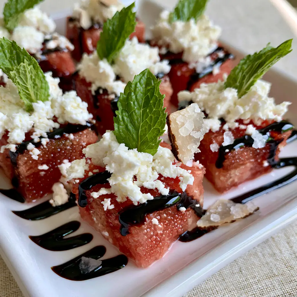 Macro view of Maldon salt flakes on watermelon canapes with condensation beads. (Watermelon Canapes recipe)