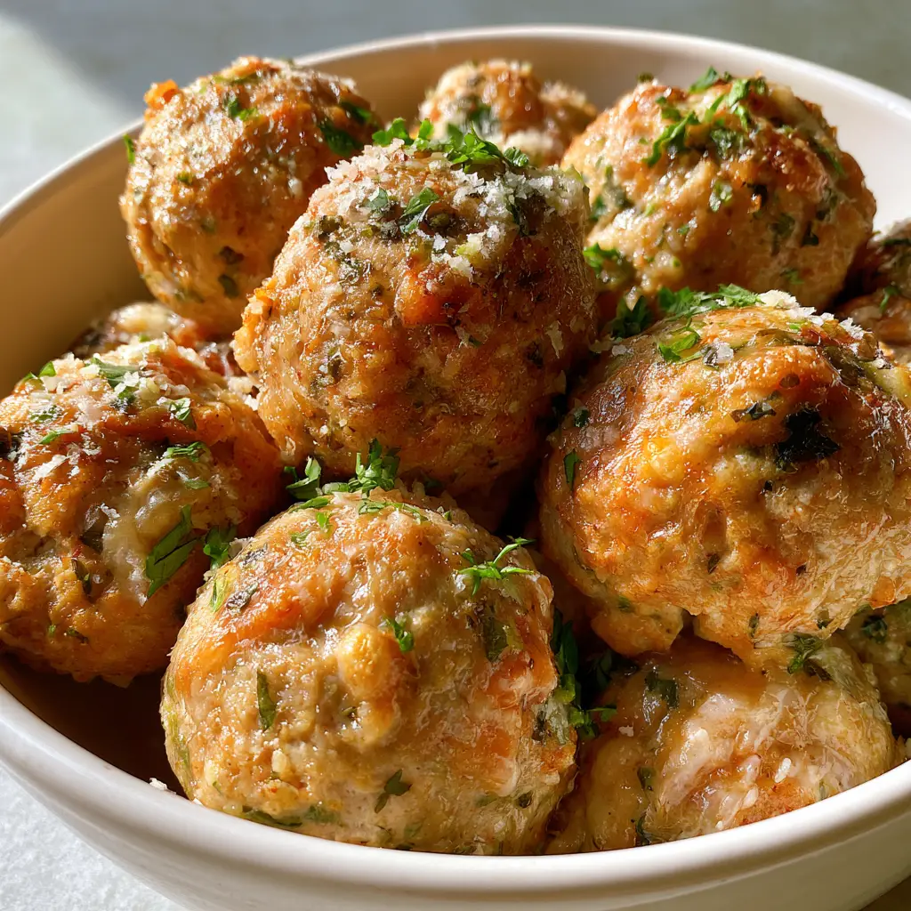Baked Chicken Ricotta Meatballs: Extra Juicy and Golden Brown 1 Baked Chicken Ricotta Meatballs served in a white ceramic bowl under natural light.