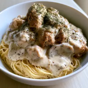 Smartphone photo of creamy Crockpot Angel Chicken in a white bowl showing the thick sauce and mushroom slices.