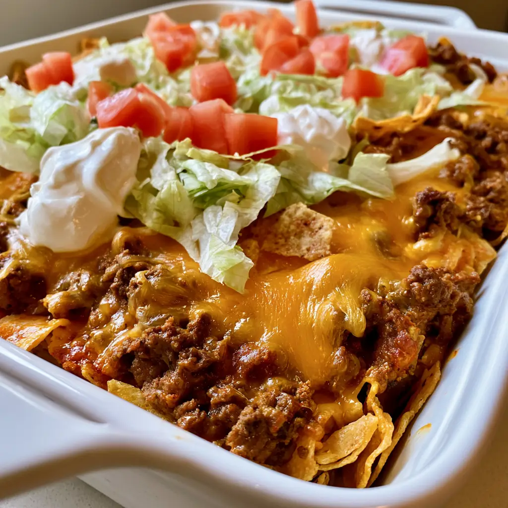 Walking Taco Casserole in a white ceramic dish garnished with fresh diced tomatoes and dollops of sour cream in natural daylight.