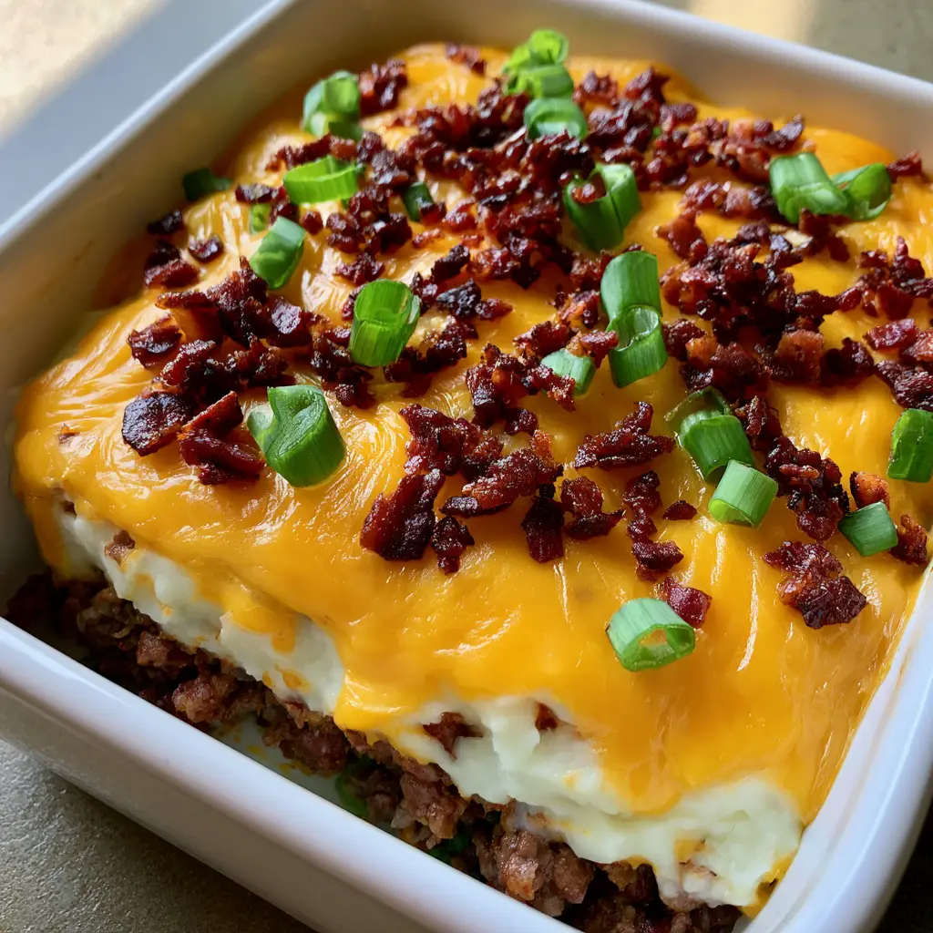 A square ceramic dish showing the layers of Cheesy Meatloaf Casserole: beef, mashed potatoes, and cheese.