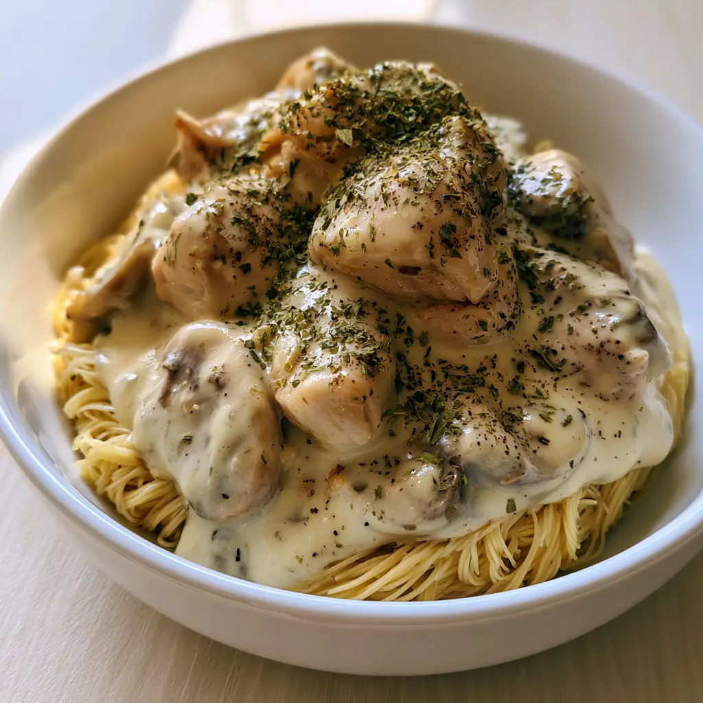 A handheld shot of a deep bowl featuring tender chicken chunks and pasta in a creamy white sauce garnished with black pepper.