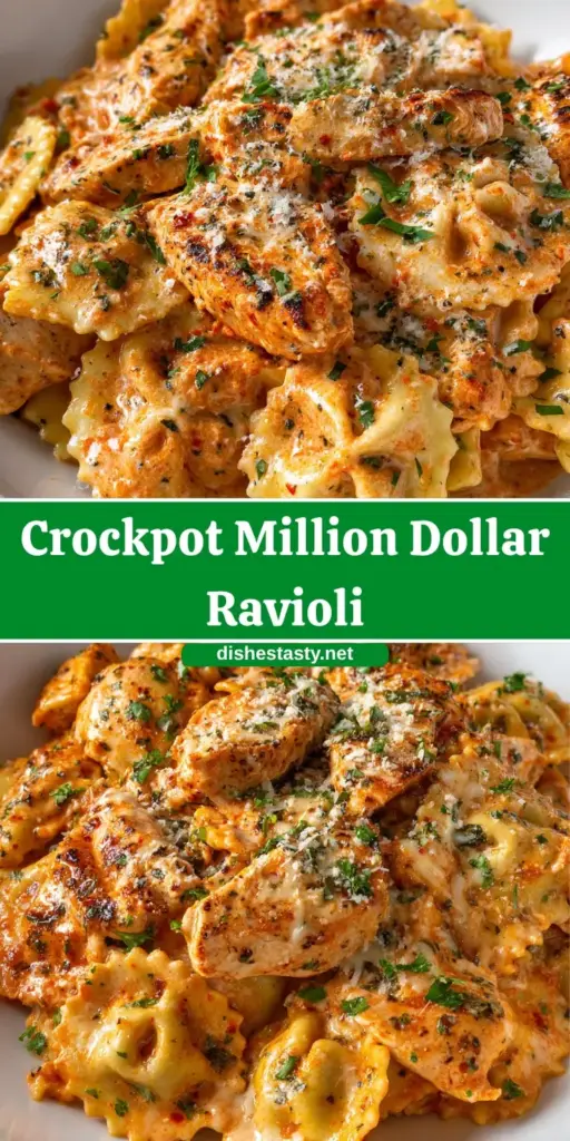 A close up smartphone photo of Crockpot Million Dollar Ravioli in a black slow cooker with melted mozzarella, ricotta dollops, and fresh parsley.