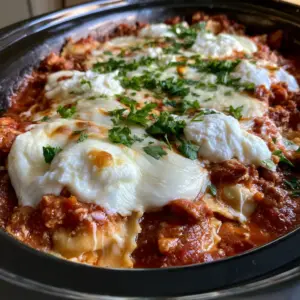 A handheld smartphone photo of a slow cooker filled with million dollar ravioli featuring bubbly cheese and tomato meat sauce.