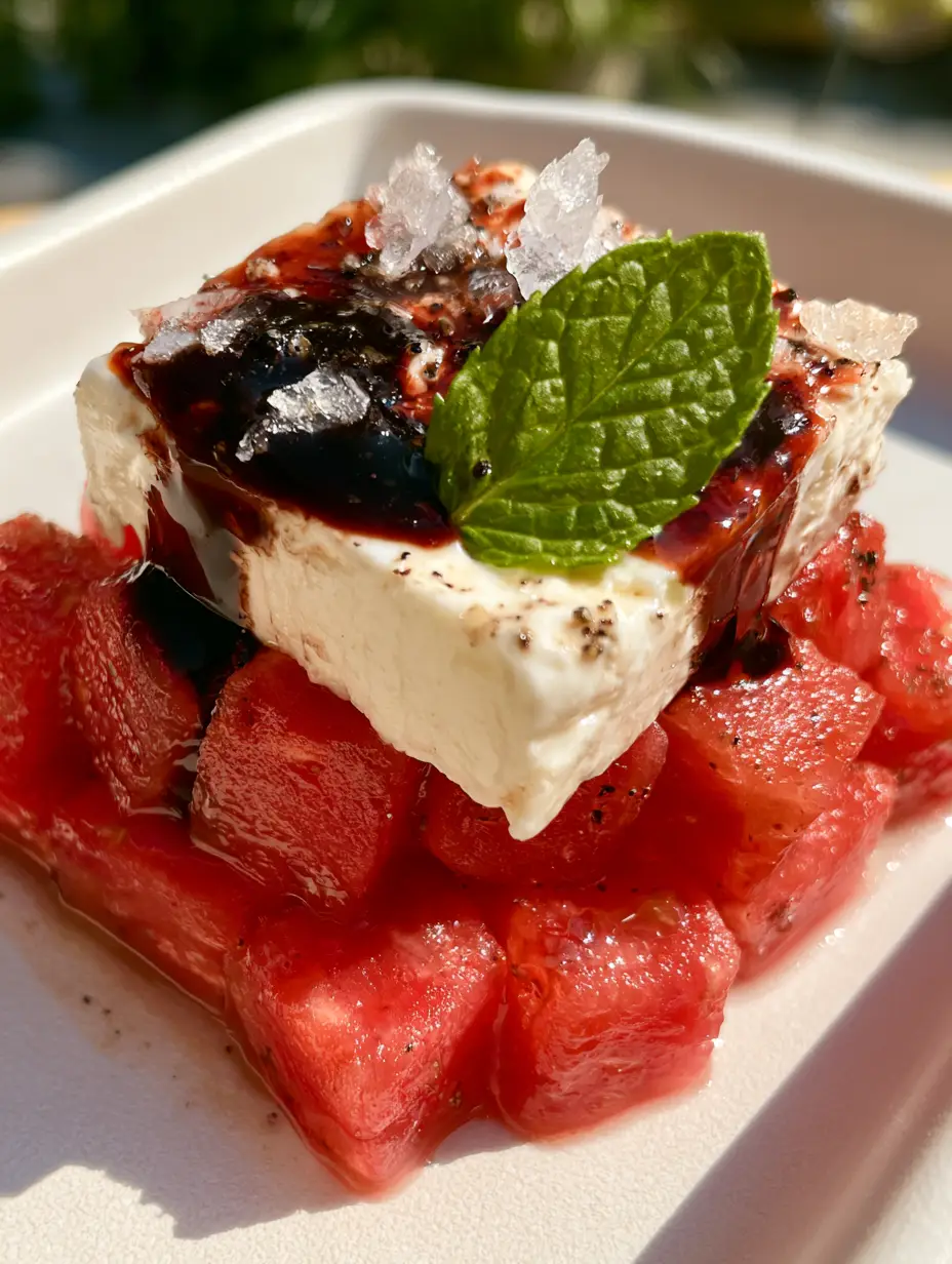 Vibrant watermelon canapes arranged on a matte white tray during golden hour.