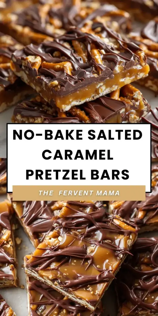 A tall stack of No-Bake Salted Caramel Pretzel Bars showing layers of crunchy pretzel base, amber caramel, and glossy dark chocolate with sea salt crystals.