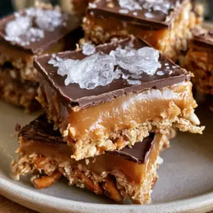 Close-up shot of a stack of No-Bake Salted Caramel Pretzel Bars on a light plate showing the grainy pretzel texture.