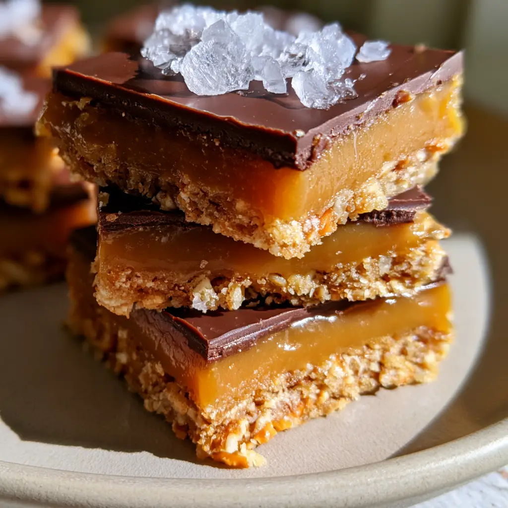 A handheld smartphone photo focusing on the glossy dark chocolate top and large sea salt crystals of the pretzel bars.